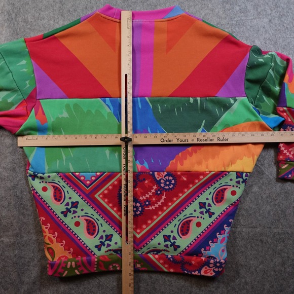 Farm Rio Sweater Womens Extra Small Multicolor Pink Blue Sweatshirt Patchwork - Picture 8 of 11